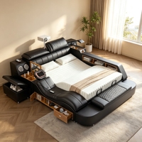 Multifunktionales Smart-Lederbett mit HD-Projektor, Nacken- und Rückenmassage, Bluetooth-Audio, Aufbewahrungsschrank und Safe für Heimprojekte