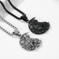 Collier pendentif loup celtique nordique, pendentif lune rétro loup solitaire creux, chaîne à maillons en acier inoxydable plaqué or, vente en gros