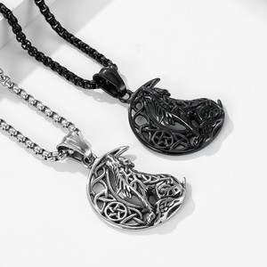 Collana con Ciondolo Lupo Celtico Nordico, Pendente Retrò Luna e Lupo <span class=keywords><strong>Solitario</strong></span>, Acciaio Inossidabile Placcato Oro, Catena a Maglie, Vendita all'Ingrosso - Product Image 5