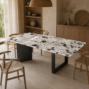 Table à manger personnalisée en quartzite Snow Fox, plateau rectangulaire, style moderne, pour villa, 6 à 8 places, pieds en métal, mobilier en pierre - Product Image 6