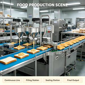Ligne de production automatique de <span class=keywords><strong>pain</strong></span> de <span class=keywords><strong>poche</strong></span>, machine à encruster et sceller les sandwichs multi-trémies pour <span class=keywords><strong>pain</strong></span> fourré à la confiture et à la crème - Product Image 2
