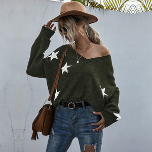 แฟชั่นเสื้อกันหนาวแขนยาวหลวมเสื้อสวมหัวคอวีดาวถักเสื้อกันหนาวผู้หญิง - Product Image 6