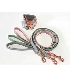 Luxury PU Leather Nylon Rose Gold Metal Buckle Dog Collar and Leash Set by Amazon Top Seller Supplier