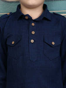 young <b>boy</b> wearing navy blue <b>kurta</b> traditional outfit with wooden buttons stylish ethnic clothing detail portrait - Product Image 4