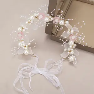 Frauen Perlen Hochzeits kranz Brautkrone Blume Rosa Stirnband Girlande Hochzeit Braut Kopfschmuck Elegante Haarschmuck Mädchen Kind