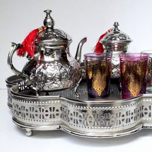 Service à thé en métal de style bohème marocain avec cafetière, tasse Cawa, pot en argent et verres - Cadeau de luxe - Product Image 1