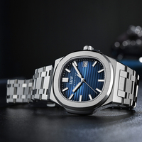 Montre automatique pour homme I&W, cadran bleu, rayures verticales, affichage de la date, bracelet en acier inoxydable, montre mécanique de style business, vente flash
