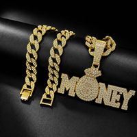 Collier chaîne cubaine avec pendentif lettre dollar en alliage et strass, style Hip Hop, motif sac de billets, entièrement serti de pierres, en stock, vente en gros