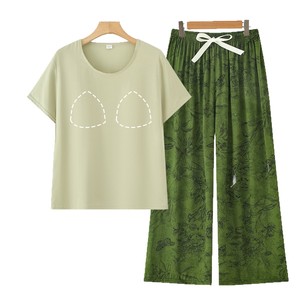 Yini Shan Pyjama en coton et soie pour femme, manches courtes, coupe ample, avec rembourrage de soutien-gorge, ensemble de vêtements de nuit, pantalon long à motif abstrait - Product Image 5