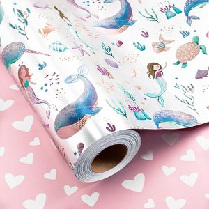 Rollo de papel de regalo reversible con diseño de sirena, 17 pulgadas x 33 pies, con temática oceánica y corazones rosas, para cumpleaños de niñas y baby shower - Product Image 1