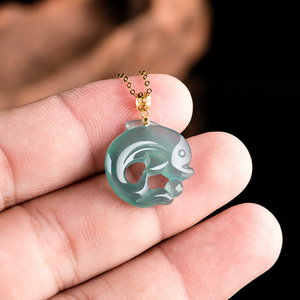 Authentic Natural A-grade Jade Blue Water Dolphin Gemstone Pendant with 18K Gold Ice-Texture Setting - Product Image 3