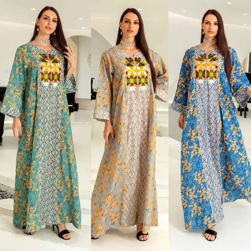 Dames Eid Islamitische Zigeunerpatroonprint Turkse Dubai Abaya Etnische Moslim Kaftan Geborduurde Jurk Dubai Plus Size