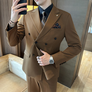 <span class=keywords><strong>Traje</strong></span> de hombre vintage marrón café de doble botonadura, conjunto de 3 piezas para negocios, corte británico ajustado, talla grande, blazer formal para novio de boda - Product Image 1