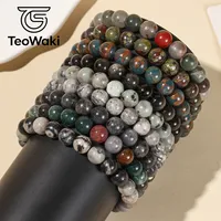 Браслет TeoWaki Dainty из полированного натурального камня с бусинами, серия «Черно-серый», разные размеры бусин, повседневное украшение, аксессуар для многослойного ношения, 19 см
