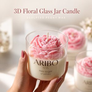 Vela Aromática en Vaso de Vidrio con Flor 3D, Base de Cera Blanca, Flor de Cera Rosa Peonía, Caja de Regalo, Cristales de Azúcar Rosa Mediano - Product Image 1