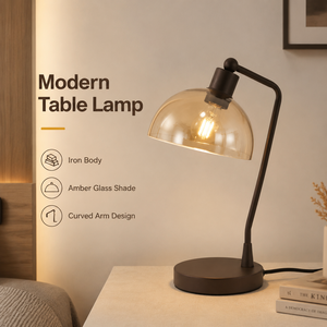 Lampe de table moderne en métal, corps en fer, abat-jour en verre ambré, ampoule E27, lumière chaude pour chambre à coucher, chevet, lecture, bureau, interrupteur à bouton - Product Image 2