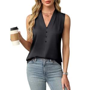 Top elegante sin mangas con cuello en V y botones de satén para mujer Primavera/Verano - Product Image 4
