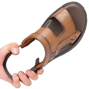 Sandales d'extérieur pour hommes, été, bout ouvert, semelle en caoutchouc, semelle intermédiaire en EVA, décontractées, à enfiler, dessus en cuir véritable, motif léopard, antichoc - Product Image 1