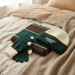 Детский шарф из смесовой шерсти RWS, полосатый, цвета лесной зелени и коричневого, с 3D-вышивкой логотипа, в стиле преппи, в комплекте с шапкой для мальчиков - Product Image 1