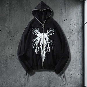Gothic Print Men's <b>Zip</b>-<b>up</b> Hoodie Oversized Black Cotton Knitted Sweatshirt Front Logo Autumn Season Regular Fit - Product Image 2
