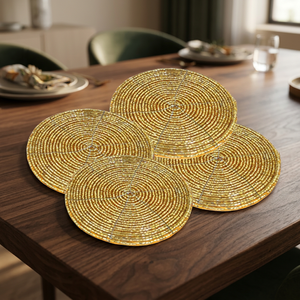 Handmade American Luxury Gold Beaded Eco-Friendly Rectangle Leather Slate Tea <b>Coasters</b> <b>Placemats</b> <b>Set</b> 4 Home Dining Kitchen Table - Product Image 3