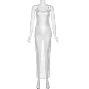Nouvelle discothèque mode licou voir à travers moulante Sexy Perspective maille filles chaudes argent mince Midi femmes robes - Product Image 3