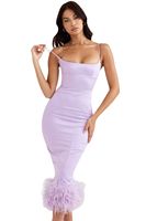 Haute Qualité Élégant Satin Robes Femmes Sangle Plume Bas Robe Midi