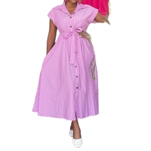 Robes Maxi Élégantes pour Femmes à Manches Courtes, Boutonnées, Rayées, Style Africain, avec Ceinture à Nouer, Écologiques, en Crochet, Taille Naturelle, Tendance - Product Image 4