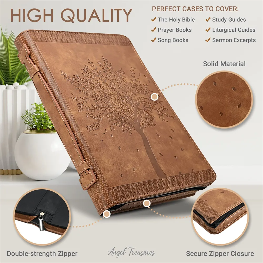 Étui protecteur de livre en Faux cuir véritable avec poignée, poches à fermeture éclair, fentes pour stylos, couverture de la Bible avec Design d'arbre de vie gravé