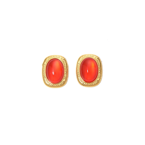Fashion Stud <b>Earrings</b> PVD Gold Plated 316L Stainless Steel Oval <b>Red</b> Cabochon Sustainable Resistant Jewelry - Product Image 2