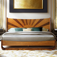 Cama de Plataforma de Madera Maciza Resistente al Agua con Cabecera Art Deco con Diseño de Atardecer Dorado para Dormitorio OEM/ODM
