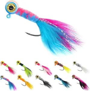 Crappie-Jig-Marabou-Feather-Jigs-For-Crappie-Fishing-Lures Kit 50 Pack Panfish Sunfish Rambut Jig Bait 1/8 1/16 Oz B10
