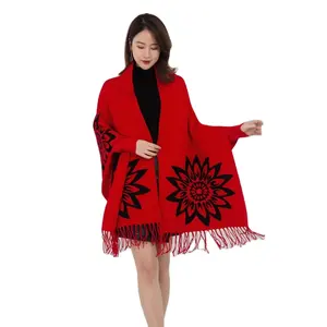Fashionable women open front batwing sleeve cable knit shawl