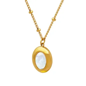 French Womens Gold Plated Oval Shape Pendant Necklaces Charm Stainless Steel Natural Puka Shell Pendants For Necklace