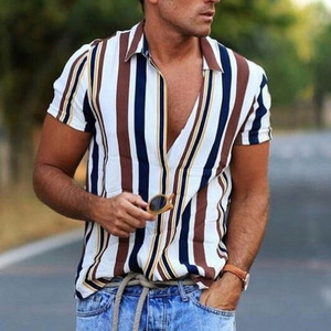 Camisa vintage listrada para homens, camisa casual de manga curta havaiana, novidade verão 2024 - Product Image 6