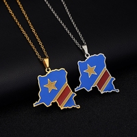 Pendentif Carte de la République Démocratique du Congo avec Drapeau Coloré Or/Argent, Colliers RDC Kinshasa, Bijoux Ethniques