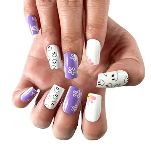 Faux ongles amovibles européens et américains courts et brillants carrés européens blancs et violets de couleur contrastante double orthographiés