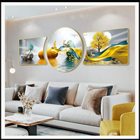 Tableau mural paysage de montagne en trois parties, panneaux en aluminium cristal doré et bleu pour salon, hôtel, intérieurs modernes