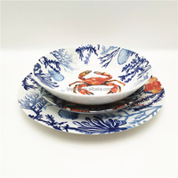 Service de table en céramique 12 pièces thème marin côtier : assiettes en porcelaine Homard, Crabe, Corail – Vaisselle de table vie marine pour la maison