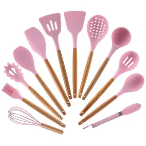 custom Wholesale Silicone Kitchen products Cooking Tools Stand Kitchenware BBQ Silicone Kitchen Utensils With Wooden handle