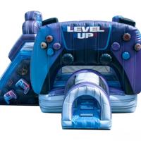 Structure gonflable combinée toboggan et château de saut sur le thème des jeux vidéo pour enfants, contrôleur de jeu, bleu/violet, PVC, capacité 6-10 personnes, usage commercial