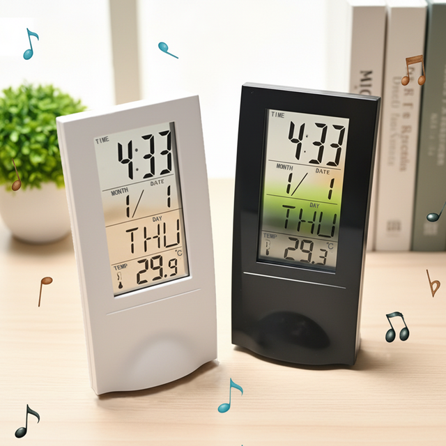 Custom Logo Transparent Digital Desk Alarm Clock Music Vertical Plastic LCD Temperature Calendar Battery Operated Promotion Gift