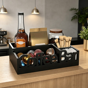 Coffee Bar Storage <b>Box</b> Black Rectangle Desktop Organizer With Compartments For <b>Tea</b> Bag And Seasoning Home Use - Product Image 1