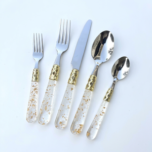 Luxury 5 Piece Stainless Steel Flatware Set Mirror Polish <b>Cutlery</b> with Elegant <b>Gold</b> And White Resin Handles for Hotel Home Use - Product Image 1