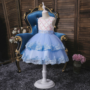 Robe de princesse pour filles, bleu, tulle, dentelle, coupe trapèze, costume de spectacle de piano - Product Image 2