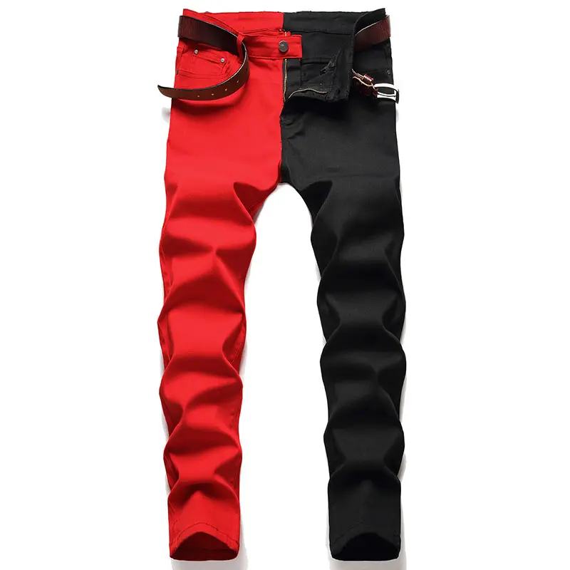 RNSHANGER Zwei Farben in Jeans gespleißt Herrenmode Freizeit hose Streetwear Hip Hop Rot Grün Gelb Jeans hose für Herren