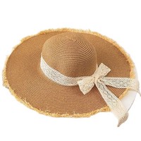 Sombrero de Protección Solar para Playa y Exteriores, Bordado a Mano, a Rayas, Ajustable, de Rafia, con Encaje, Elegante, Estilo Francés