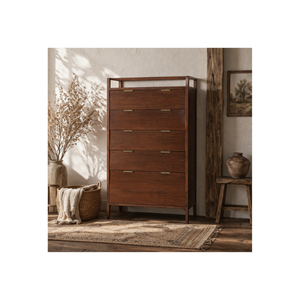 Commode haute en bois de style mid-century avec 6 tiroirs, meuble de rangement moderne pour chambre à coucher, organisateur de meubles pour la maison - Product Image 1