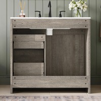 Meuble-lavabo de salle de bain style ferme avec porte coulissante, lavabo intégré et 3 tiroirs, gris bois flotté