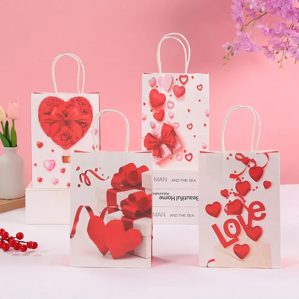 사랑 컬러 발렌타인 데이 스타일 크래프트 종이 가방 생일 선물 포장 핸드백 웨딩 사탕 가방